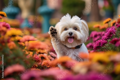 Close-up portrait photography of a cute maltese giving the paw against colorful flower gardens background. With generative AI technology photo