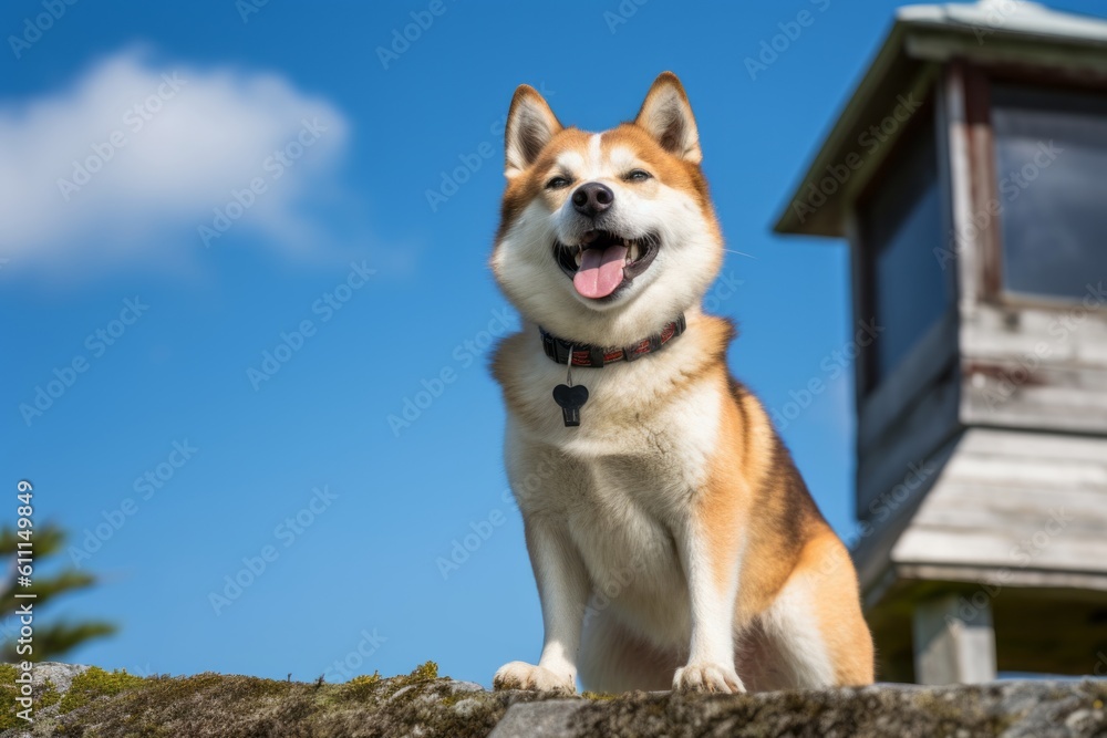 Full-length portrait photography of a smiling akita inu having a butterfly on its nose against fire lookout towers background. With generative AI technology