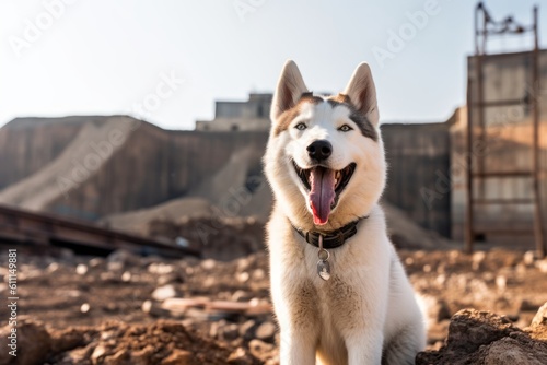 Close-up portrait photography of a happy siberian husky sitting against old mines and quarries background. With generative AI technology