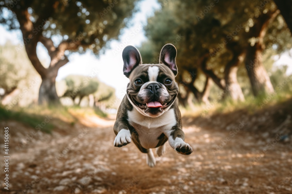 Medium shot portrait photography of a curious french bulldog running against olive groves background. With generative AI technology