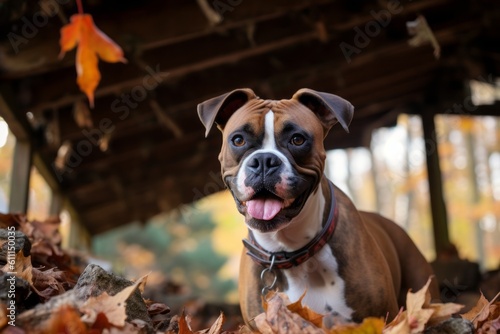 Lifestyle portrait photography of a smiling boxer dog playing in a pile of leaves against covered bridges background. With generative AI technology