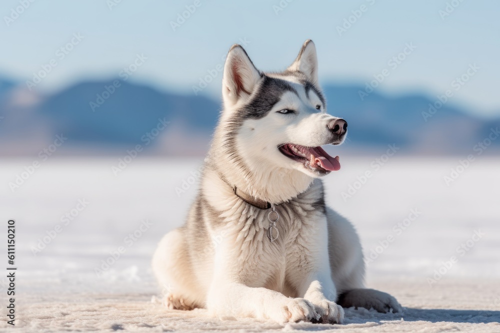Medium shot portrait photography of a cute siberian husky scratching ears against salt flats background. With generative AI technology Medium shot portrait photography of a cute siberian husky scratching ears against salt flats background. With generative AI technology
