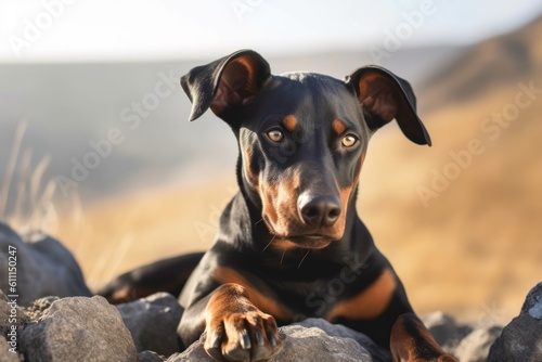 Headshot portrait photography of a cute doberman pinscher lying down against tundra landscapes background. With generative AI technology