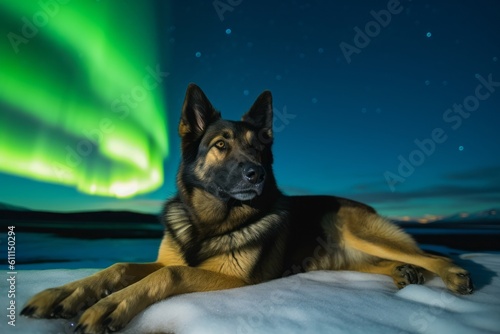 Environmental portrait photography of a curious german shepherd rolling against aurora borealis viewing spots background. With generative AI technology