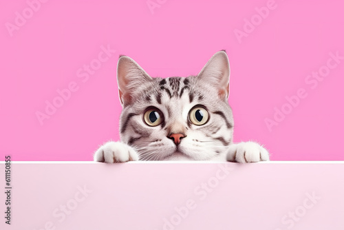 Surprised Cute Gray Kitten Above Pink Banner on Pink Background. AI generative.