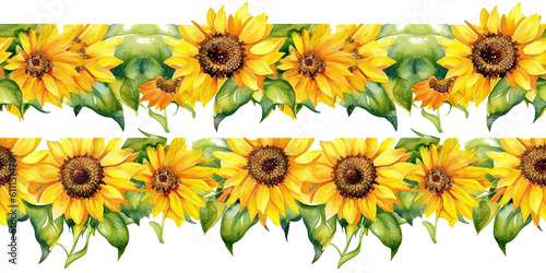 tiled watercolor sunflower  borders with transparent background- repeating edge to edge. generative AI 