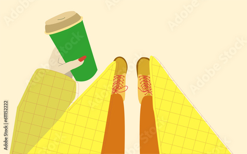 Autumn image, a girl in a coat with a coffee cup in her hand. Foreshortening top view, vector image.