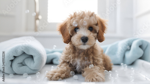 Portrait cute Maltipoo in bathtub with foam and soap bubbles. pets grooming and cleaning concept. Generative AI photo
