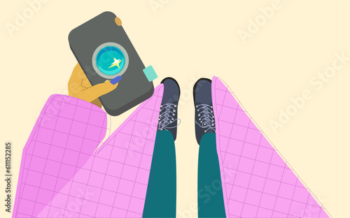 Autumn image, a girl in a coat with a photocamera in her hand. Foreshortening top view, vector image.