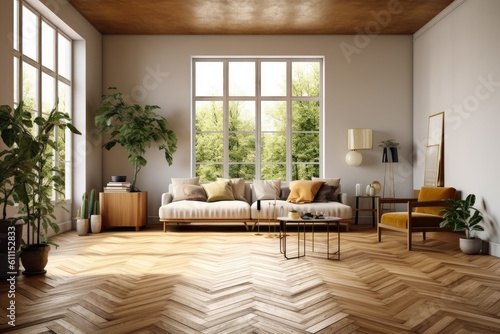 Scandi-Boho interior of a modern, unoccupied home with parquet floors. Generative AI