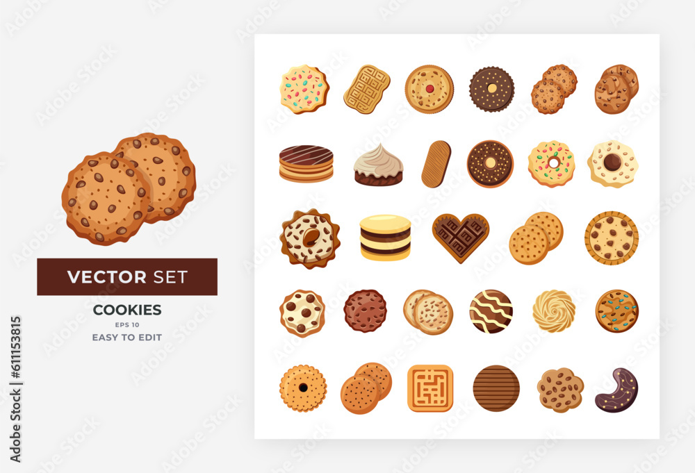 Cookies isometric set elements. Vector variety of pastries colorful flat illustration design for homemade and pastry bakery companies. Color Editable Eps 10.	 - obrazy, fototapety, plakaty 