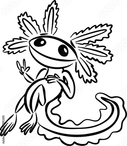 Vector drawing of happy peaceful Axolotl. Hand drawn, black and white, contour, silhouette, sketch, flat, doodle, cartoon style. Cute, silly, nice, beautiful,animal,amphibia,water,tail,eyes,character.