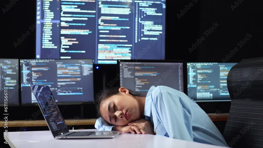 Side View Of Asian Female Programmer Sleeping While Writing Code By A ...