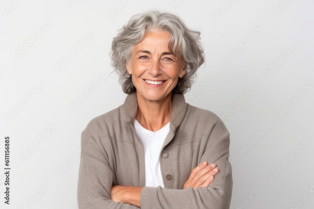 Headshot portrait photography of a grinning mature woman making a i'm cold gesture by hugging oneself against a white background. With generative AI technology Headshot portrait photography of a grinning mature woman making a i'm cold gesture by hugging oneself against a white background. With generative AI technology