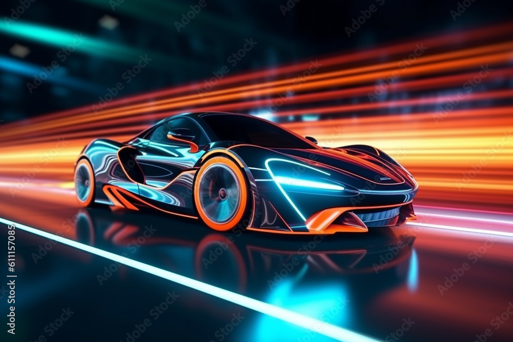 Futuristic Sports Car On Neon Highway Generative AI