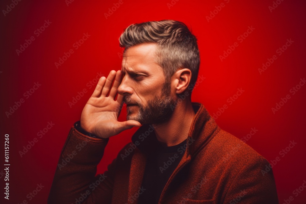 Headshot portrait photography of a satisfied boy in his 30s making a i'm listening gesture with the hand on the ear against a fiery red background. With generative AI technology