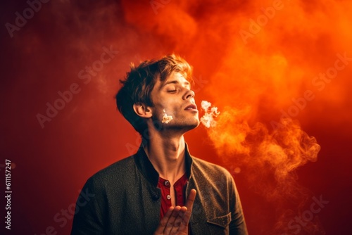 Medium shot portrait photography of a glad boy in his 30s blowing a kiss against a fiery red background. With generative AI technology