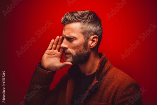 Headshot portrait photography of a satisfied boy in his 30s making a i'm listening gesture with the hand on the ear against a fiery red background. With generative AI technology