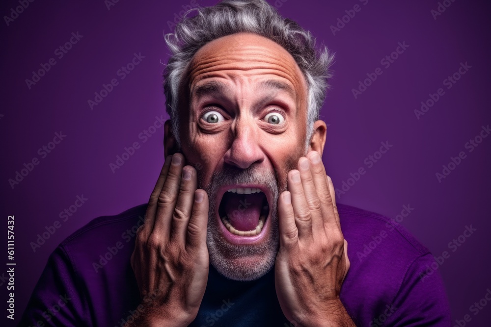 Close-up portrait photography of a satisfied mature man making a surprise gesture by covering one's mouth against a vibrant purple background. With generative AI technology Close-up portrait photography of a satisfied mature man making a surprise gesture by covering one's mouth against a vibrant purple background. With generative AI technology