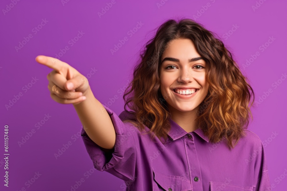 Headshot portrait photography of a happy girl in her 20s pointing at oneself with the index finger against a vibrant purple background. With generative AI technology Headshot portrait photography of a happy girl in her 20s pointing at oneself with the index finger against a vibrant purple background. With generative AI technology
