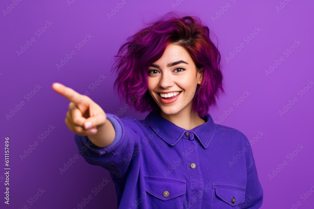 Headshot portrait photography of a happy girl in her 20s pointing at oneself with the index finger against a vibrant purple background. With generative AI technology Headshot portrait photography of a happy girl in her 20s pointing at oneself with the index finger against a vibrant purple background. With generative AI technology