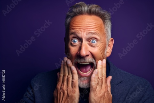 Close-up portrait photography of a satisfied mature man making a surprise gesture by covering one's mouth against a vibrant purple background. With generative AI technology © Markus Schröder