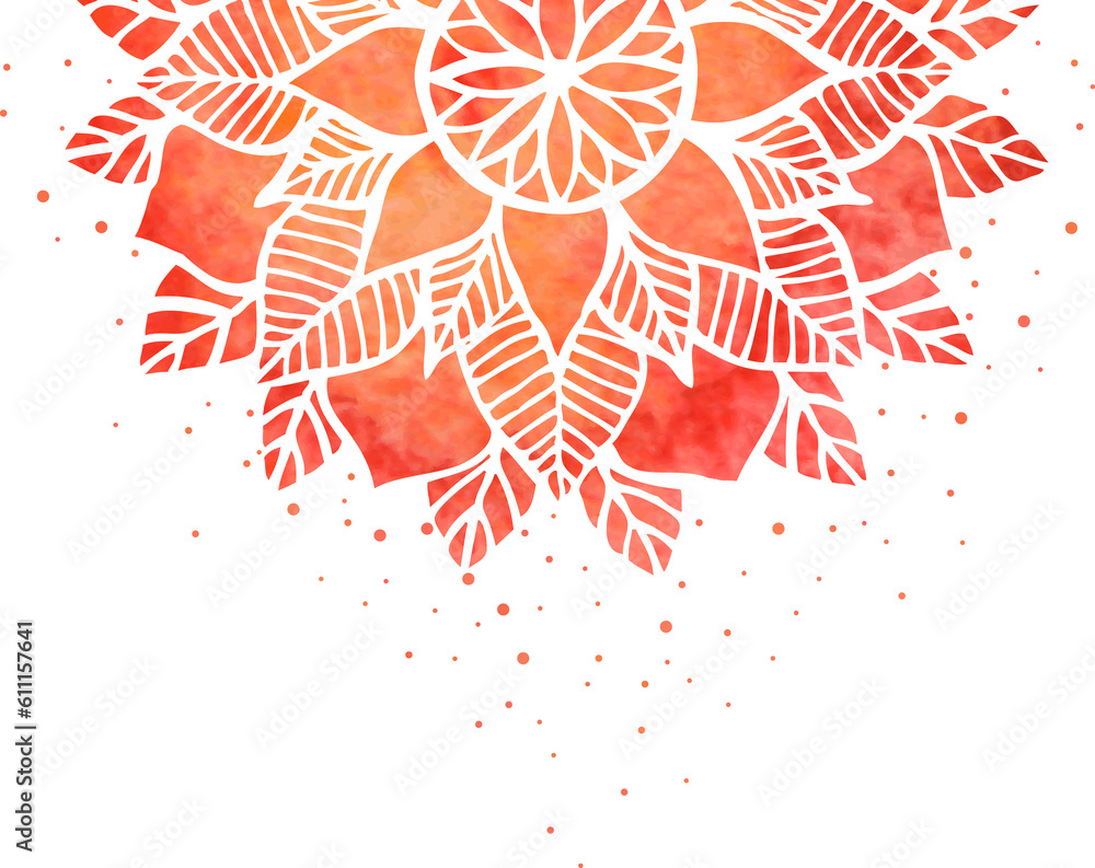 Decorative element - stylized red flower and splatter or pollen, floral mandala pattern for decorating background and designing cards, invitations Decorative element - stylized red flower and splatter or pollen, floral mandala pattern for decorating background and designing cards, invitations