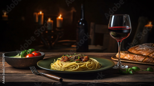 a black slate with hot italian spaghetti with pesto on the left side of a long Oak wood table, a bottle and a glas of wine on the right side