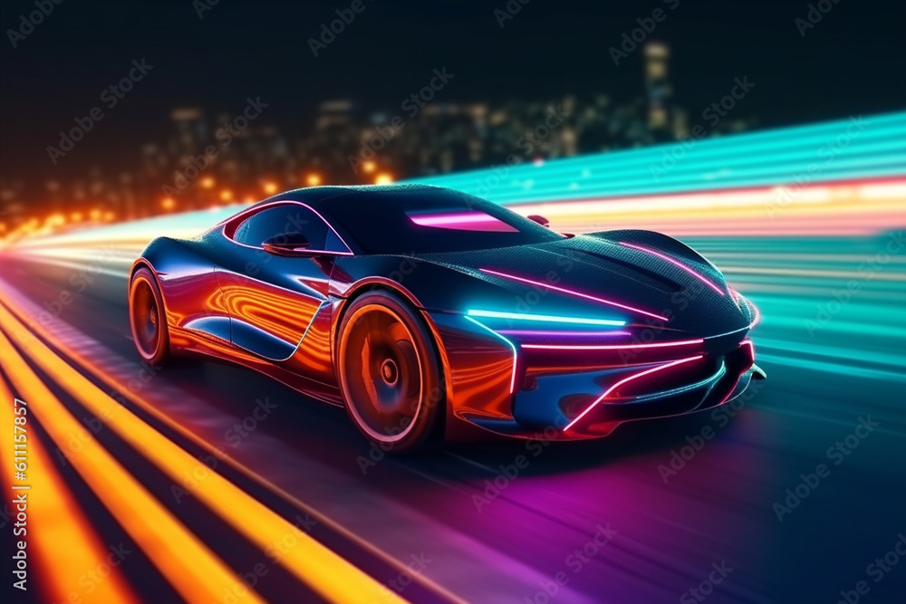 Futuristic Sports Car On Neon Highway