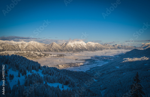 Mountain ski resort Nassfeld near Hermagor  Austria - morning view of well prepared slopes with no people. January 2022