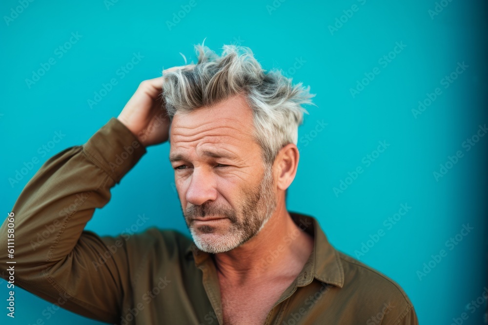 Medium shot portrait photography of a satisfied mature man scratching one's head in a gesture of confusion against a turquoise blue background. With generative AI technology Medium shot portrait photography of a satisfied mature man scratching one's head in a gesture of confusion against a turquoise blue background. With generative AI technology