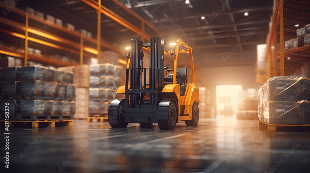  Forklift in the big warehouse. Concept of warehouse.Warehouse concept. Forklift in a large warehouse on a blurred background.