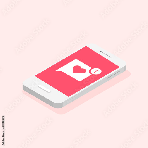 Phone and push like notifications. Social network app and notification icon. Vector isometric illustration isolated.
