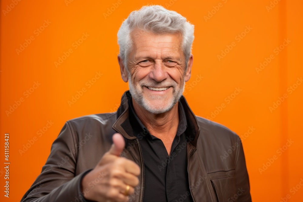 Close-up portrait photography of a satisfied mature man showing a thumb down against a bright orange background. With generative AI technology Close-up portrait photography of a satisfied mature man showing a thumb down against a bright orange background. With generative AI technology