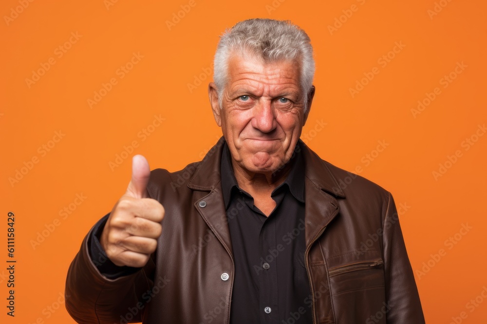 Close-up portrait photography of a satisfied mature man showing a thumb down against a bright orange background. With generative AI technology Close-up portrait photography of a satisfied mature man showing a thumb down against a bright orange background. With generative AI technology