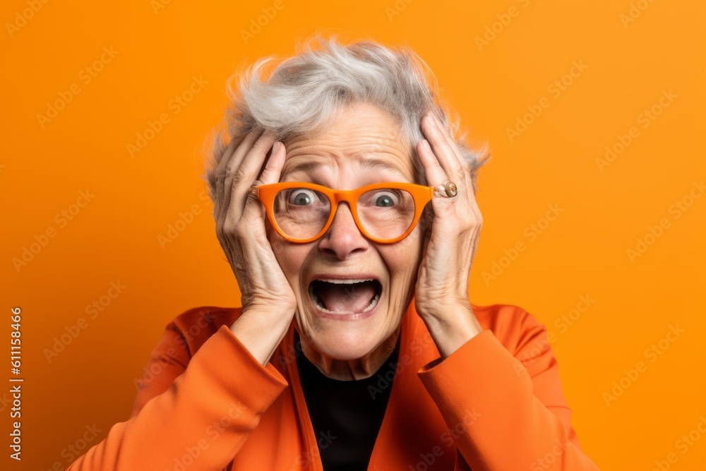 Headshot portrait photography of a glad mature woman putting hands on the face in a gesture of terror against a bright orange background. With generative AI technology