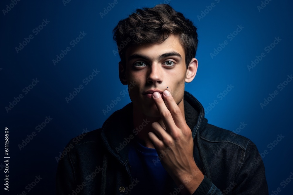 Close-up portrait photography of a happy boy in his 20s making a shhh gesture with a finger on the lips against a deep indigo background. With generative AI technology Close-up portrait photography of a happy boy in his 20s making a shhh gesture with a finger on the lips against a deep indigo background. With generative AI technology