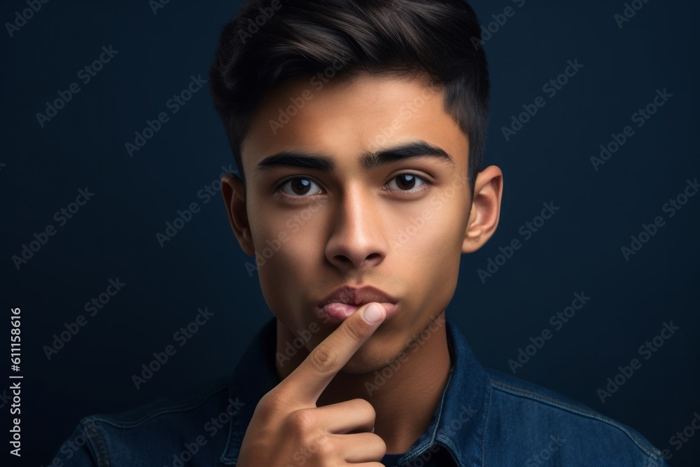 Close-up portrait photography of a happy boy in his 20s making a shhh gesture with a finger on the lips against a deep indigo background. With generative AI technology Close-up portrait photography of a happy boy in his 20s making a shhh gesture with a finger on the lips against a deep indigo background. With generative AI technology