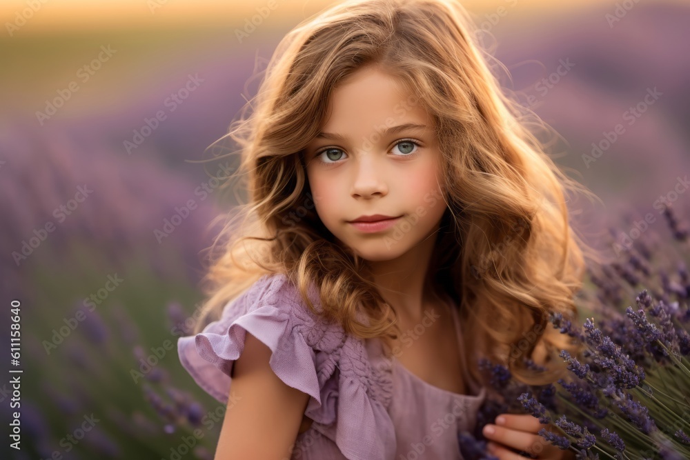 Photography in the style of pensive portraiture of a happy kid female pointing down against a soft lavender background. With generative AI technology Photography in the style of pensive portraiture of a happy kid female pointing down against a soft lavender background. With generative AI technology