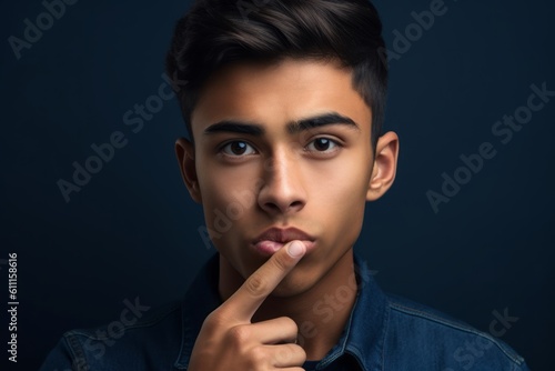 Close-up portrait photography of a happy boy in his 20s making a shhh gesture with a finger on the lips against a deep indigo background. With generative AI technology