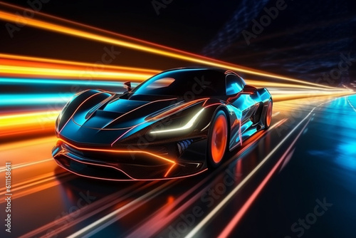 Futuristic Sports Car On Neon Highway Generative AI © Mkorobsky