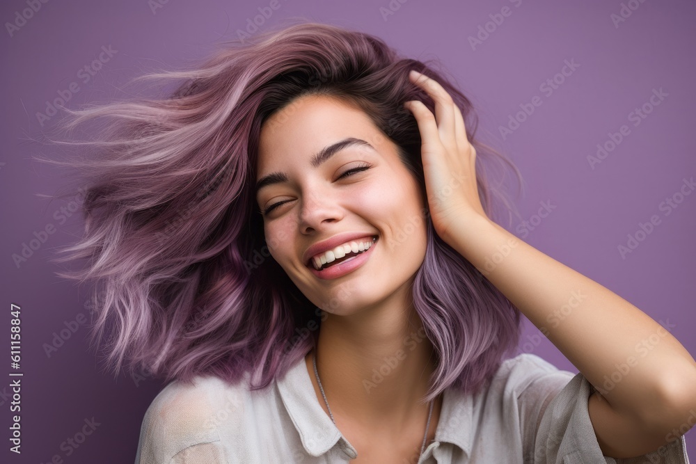 Close-up portrait photography of a grinning girl in her 20s scratching one's head in a gesture of confusion against a soft lavender background. With generative AI technology Close-up portrait photography of a grinning girl in her 20s scratching one's head in a gesture of confusion against a soft lavender background. With generative AI technology