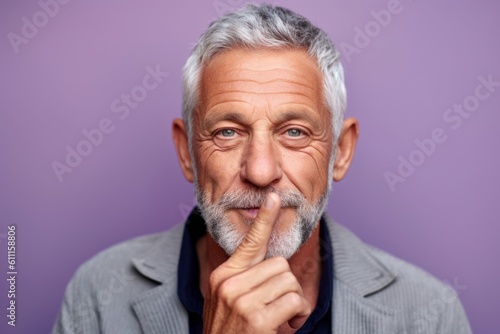 Close-up portrait photography of a joyful mature man making a silence gesture by putting the index finger on the lips against a soft lavender background. With generative AI technology