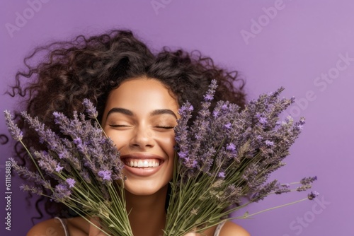 Headshot portrait photography of a happy girl in her 20s covering one s eyes against a soft lavender background. With generative AI technology