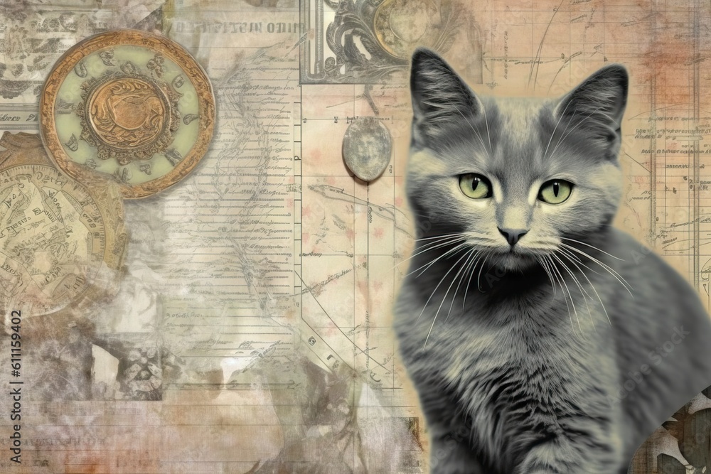 Fototapeta premium Romantic card with image of a vintage cat and tree. pastel colors. vintage art and art nouveau. Furniture style greeting card.. Generative AI