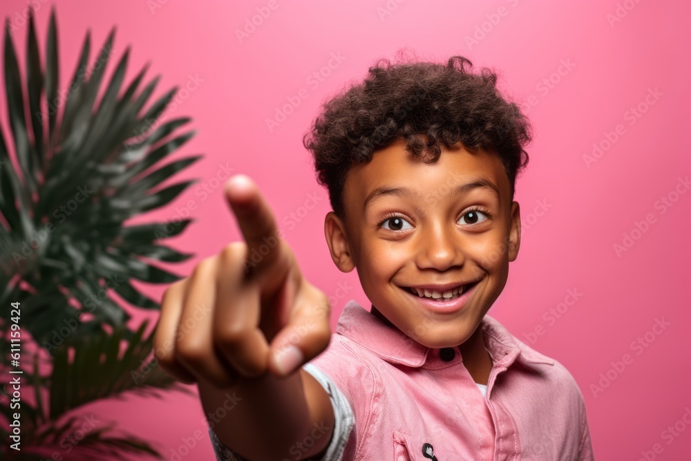 Close-up portrait photography of a joyful boy in his 30s making a no or stop gesture with the extended palm against a hot pink background. With generative AI technology Close-up portrait photography of a joyful boy in his 30s making a no or stop gesture with the extended palm against a hot pink background. With generative AI technology