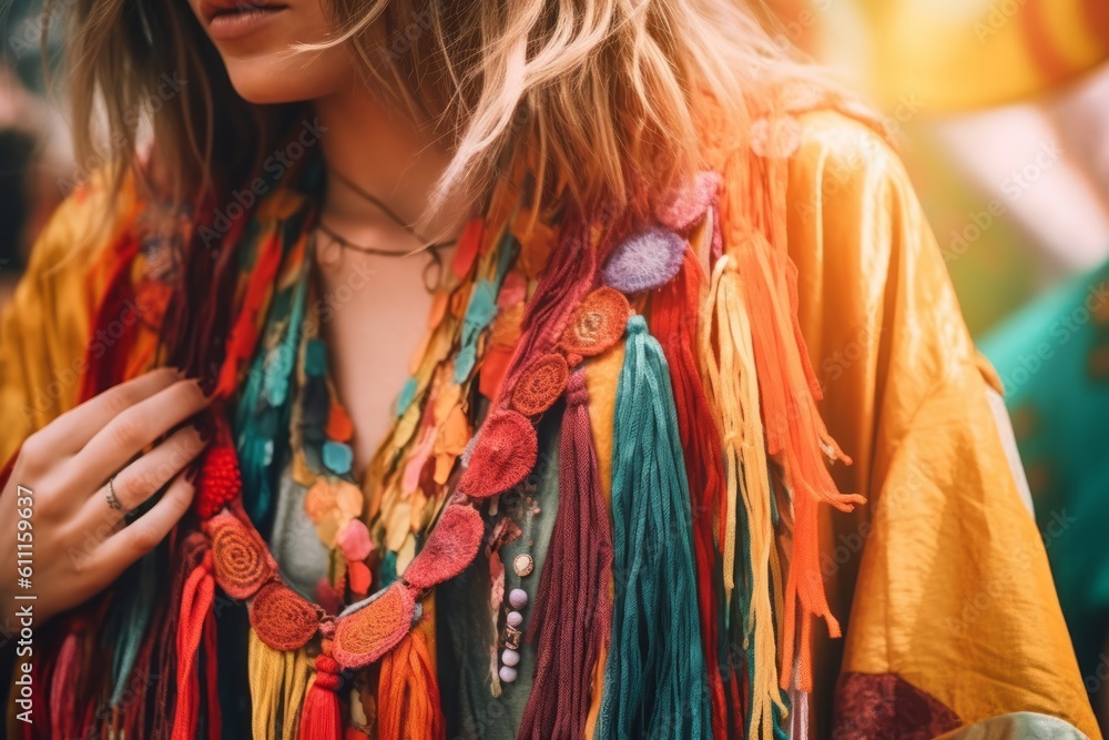 Fototapeta premium A close-up shot of a stylish individual wearing vintage hippie fashion, featuring flowing fabrics, fringe, and vibrant colors. Generative AI
