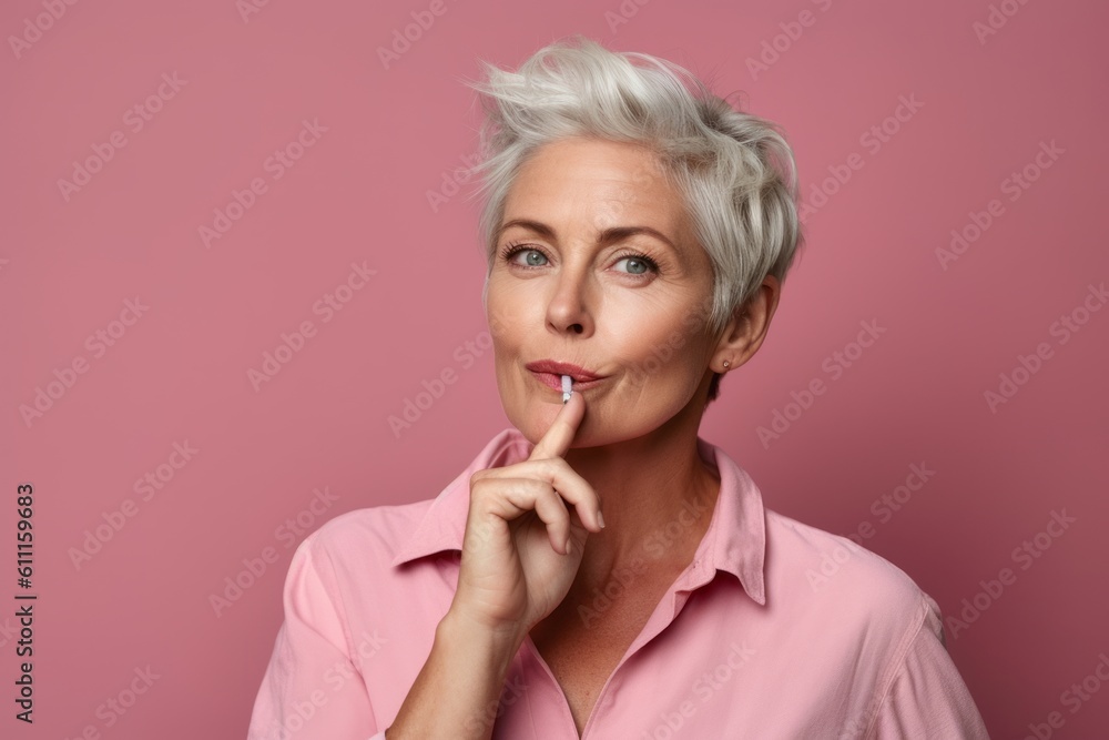 Medium shot portrait photography of a satisfied mature woman making a shhh gesture with a finger on the lips against a dusty rose background. With generative AI technology Medium shot portrait photography of a satisfied mature woman making a shhh gesture with a finger on the lips against a dusty rose background. With generative AI technology