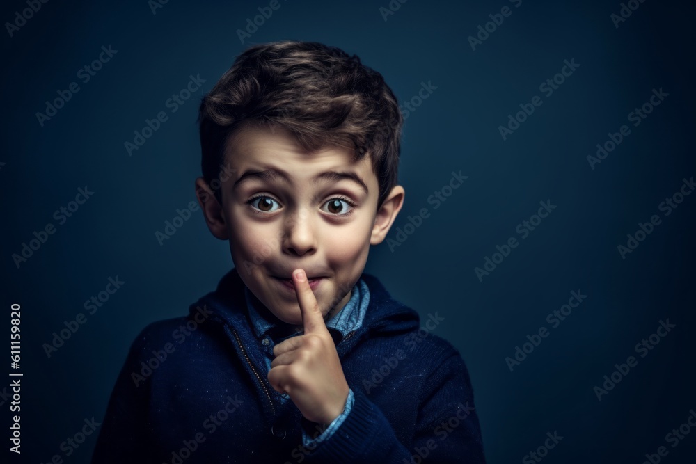 Medium shot portrait photography of a grinning boy in his 30s making a shhh gesture with a finger on the lips against a navy blue background. With generative AI technology Medium shot portrait photography of a grinning boy in his 30s making a shhh gesture with a finger on the lips against a navy blue background. With generative AI technology