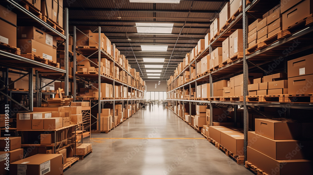 A crowded warehouse with cardboard boxes stacked to the ceiling. Generative ai